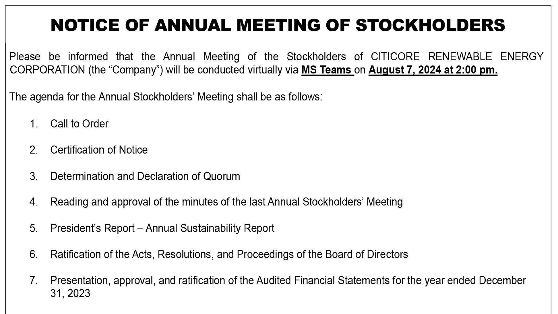 CITICORE Renewable Energy Corp. - Notice of Annual Meeting of Stockholders